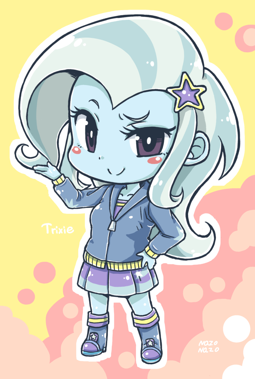 1girl blue_boots blue_jacket blue_skin blush_stickers boots bright_pupils character_name chibi chibi_only closed_mouth collarbone colored_skin commentary_request full_body grey_hair hair_ornament hand_on_own_hip hand_up high_heel_boots high_heels highres hood hood_down hooded_jacket jacket knee_boots long_hair long_sleeves looking_at_viewer miniskirt my_little_pony my_little_pony:_equestria_girls my_little_pony:_friendship_is_magic outline pleated_skirt purple_eyes purple_skirt raised_eyebrow red_background simple_background skirt smile solo standing star_(symbol) star_hair_ornament trixie_lulamoon trixie_lulamoon_(equestria_girls) uneven_eyes white_outline white_pupils yellow_background yokoyoko_(nazonazo)