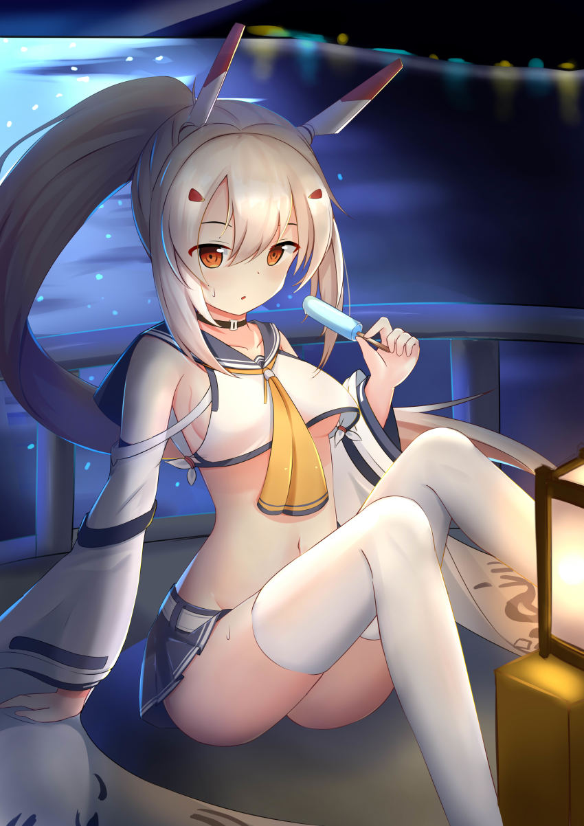 1girl absurdres ayanami_(azur_lane) azur_lane bare_shoulders blush breasts female_focus food hair_between_eyes hair_ornament headgear high_ponytail highres ice_cream juiceneko long_hair looking_at_viewer medium_breasts navel night pleated_skirt ponytail red_eyes sailor_collar school_uniform shirt sidelocks sitting skirt solo thighhighs underboob water white_hair white_thighhighs