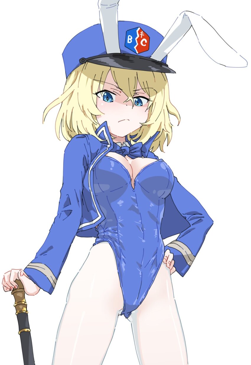1girl animal_ears bc_freedom_military_uniform blonde_hair blue_bow blue_bowtie blue_eyes blue_leotard blush bow bowtie breasts cleavage closed_mouth fake_animal_ears girls_und_panzer hand_on_own_hip highres large_breasts leotard looking_at_viewer military_uniform monolith_(suibou_souko) oshida_(girls_und_panzer) pantyhose playboy_bunny rabbit_ears short_hair simple_background solo white_background white_pantyhose