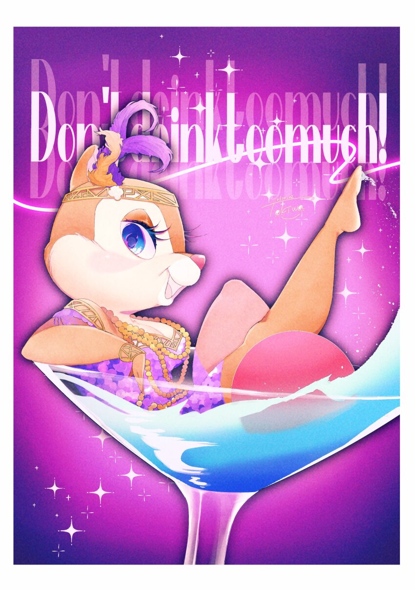 1girl absurdres barefoot blue_eyes chipmunk_ears chipmunk_girl clarice_(disney) cocktail_glass cup disney dress drinking_glass english_text eyelashes feather_hair_ornament feathers from_side full_body hair_ornament happy highres looking_at_viewer mickey_mouse_&amp;_friends open_mouth rl10_02 smile