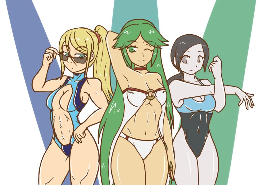 3girls abs absurdres adapted_costume adjusting_eyewear arm_at_side arm_behind_head armpits bikini blonde_hair blue_eyes bored breasts center_opening choker cleavage colored_skin company_connection competition_swimsuit eyelashes female_focus green_eyes green_hair grey_eyes hair_between_eyes hair_flaps hair_ornament hand_on_own_hip hand_up happy hayato_stuff high_ponytail highres legs long_hair looking_at_viewer looking_over_eyewear matching_hair/eyes medium_breasts metroid multiple_girls navel nintendo one-piece_swimsuit one_eye_closed palutena parted_bangs ponytail revealing_clothes samus_aran sideboob sidelocks smile standing strapless strapless_bikini stretching sunglasses swept_bangs swimsuit thighs toned toned_female toned_stomach turtleneck turtleneck_one-piece_swimsuit two-tone_one-piece_swimsuit unworn_hair_ornament very_long_hair white_skin wii_fit_trainer wii_fit_trainer_(female) wink