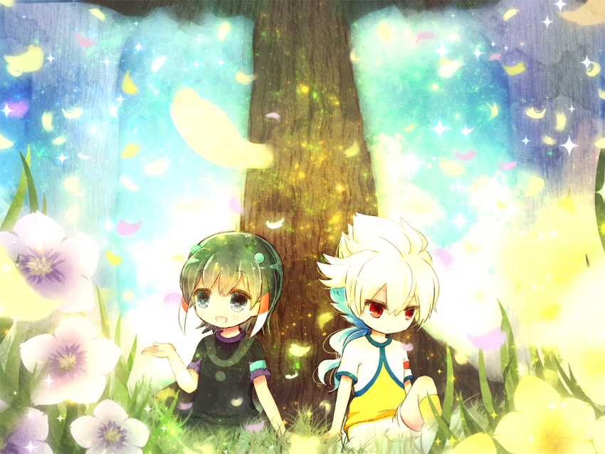 2boys :d ancient_dark armband bad_id bad_pixiv_id flower hair_ornament hakuryuu_(inazuma_eleven) inazuma_eleven_(series) inazuma_eleven_go long_hair male_focus multicolored_hair multiple_boys open_mouth outdoors red_eyes short_hair shuu_(inazuma_eleven) sitting smile soccer_uniform sportswear tree two-tone_hair under_tree unlimited_shining yoshida_(nono_ko)