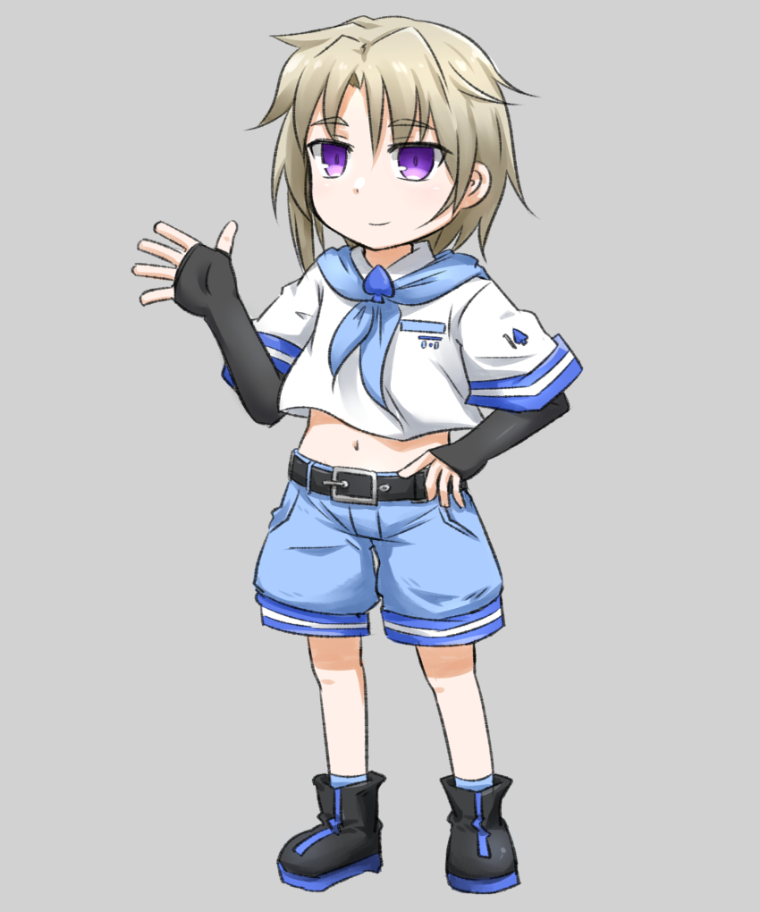 1boy black_boots black_gloves blue_neckerchief blue_shorts blue_socks boots brown_hair closed_mouth elbow_gloves fingerless_gloves full_body gloves grey_background hand_on_own_hip highres male_focus neckerchief neon-tetora parted_bangs purple_eyes shirt short_shorts short_sleeves shorts simple_background smile socks solo standing thick_eyebrows tsukuyomi_shouta voiceroid white_shirt
