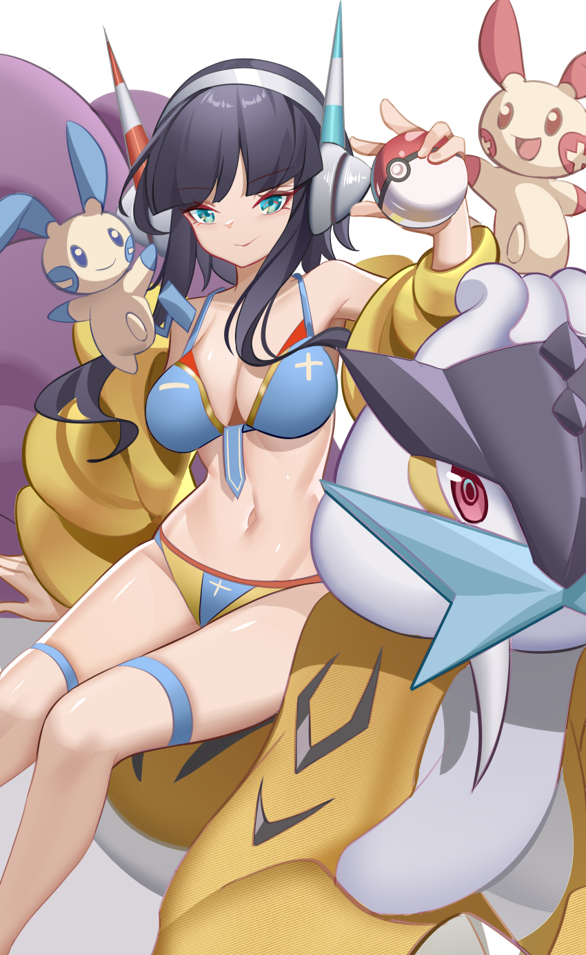 1girl absurdres aqua_eyes arm_support bikini black_hair blue_bikini breasts cleavage closed_mouth commentary_request elesa_(pokemon) eyelashes gen_2_pokemon gen_3_pokemon hand_up headphones highres holding holding_poke_ball jacket large_breasts legendary_pokemon luai minun navel nintendo off_shoulder plusle poke_ball poke_ball_(basic) pokemon pokemon_(creature) pokemon_bw2 raikou riding riding_pokemon shiny_skin sidelocks sitting smile stomach swimsuit thigh_strap thighs yellow_jacket
