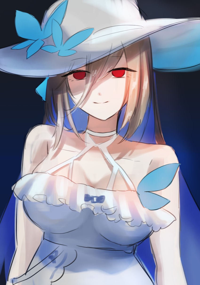 1girl aponia_(honkai_impact) aponia_(mesmerizing_blue)_(honkai_impact) bare_shoulders blonde_hair blue_background breasts butterfly_hat_ornament cleavage commentary_request dress duoyun_de_tiankong hair_between_eyes hat hat_ornament highres honkai_(series) honkai_impact_3rd large_breasts long_hair official_alternate_costume red_eyes smile solo sun_hat upper_body white_dress