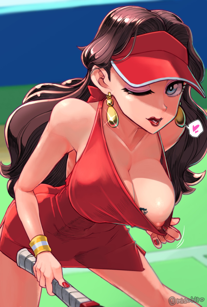 1girl blue_eyes breasts brown_hair clothes_pull donkey_kong_(series) dress dress_pull earrings eyeshadow female_focus heart highres jewelry large_breasts long_hair makeup mario_(series) mario_tennis mario_tennis_aces misonou_hirokichi nail_polish nintendo nipples no_bra one_eye_closed pauline_(mario) pulling_own_clothes racket red_dress short_dress sleeveless sleeveless_dress solo speech_bubble spoken_heart tattoo tennis_racket visor_cap wavy_hair