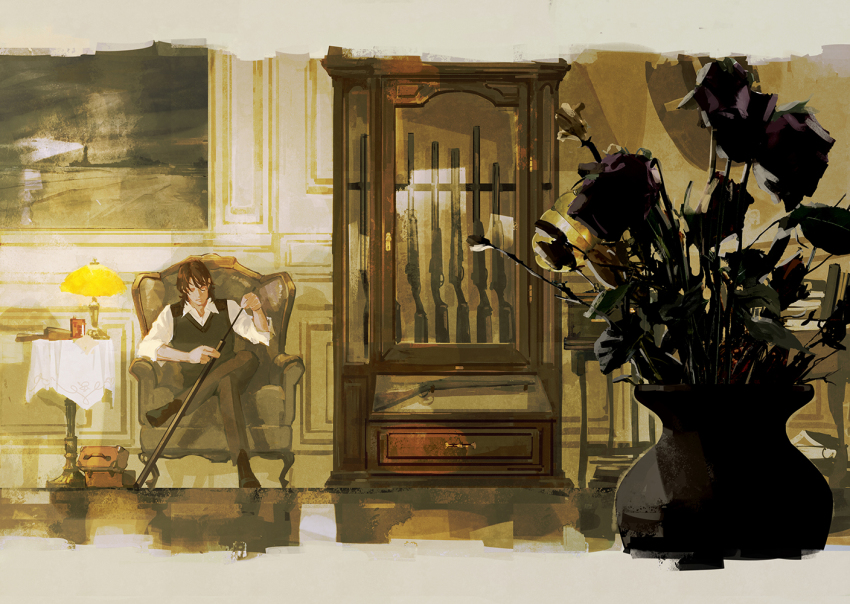 1boy black_vest brown_hair brown_pants cabinet chair collared_shirt flower full_body gun gundam gundam_00 holding huangdanlan indoors lamp crossed_legs lockon_stratos male_focus medium_hair on_chair pants phonograph rifle shirt sitting sleeves_rolled_up solo table vase vest weapon white_shirt