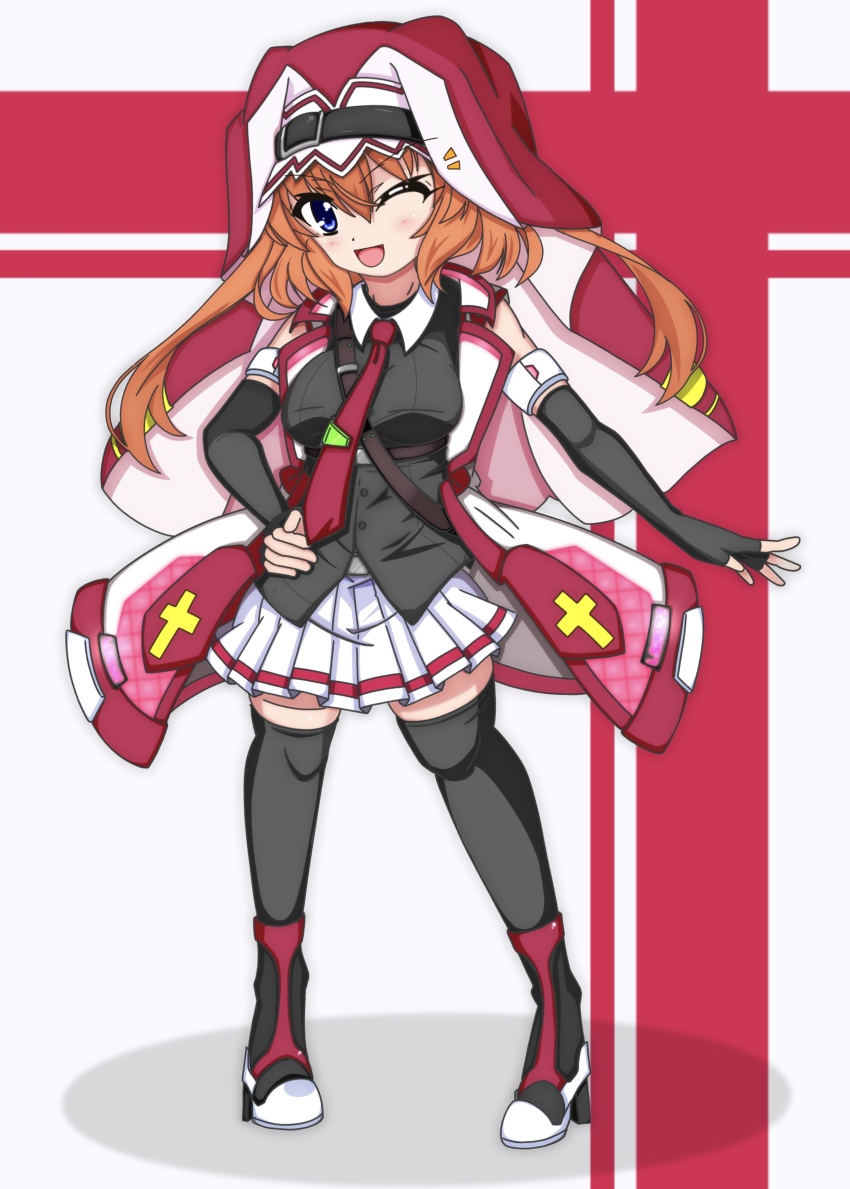 1girl absurdres alternate_color alternate_costume between_breasts black_gloves black_shirt black_thighhighs boots breasts chantez_apinion cosplay elbow_gloves fingerless_gloves full_body gloves hand_on_own_hip highres jacket lyrical_nanoha lyrical_store mahou_shoujo_lyrical_nanoha_vivid nago_(aj65743) necktie one_eye_closed open_clothes open_jacket open_mouth orange_hair pleated_skirt red_jacket red_necktie shirt skirt smile solo strap_between_breasts thighhighs