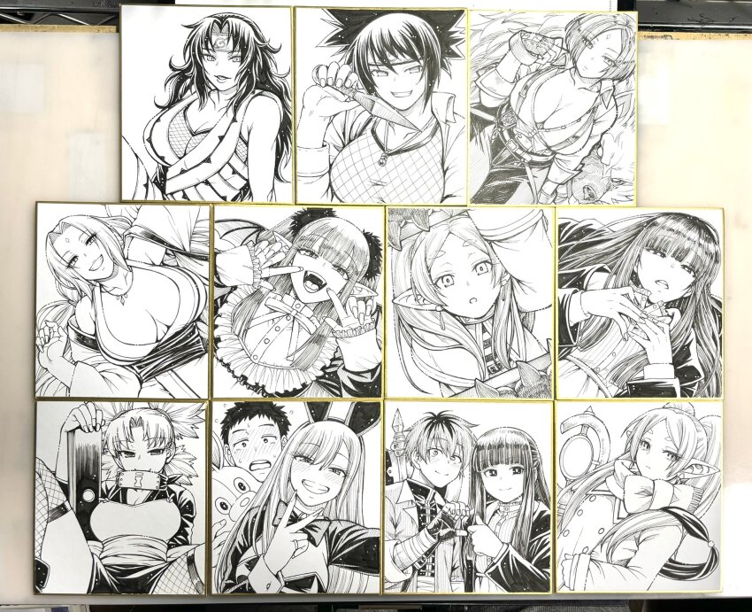 2boys 6+girls breasts character_request chiba_toshirou cleavage copyright_request fangs fern_(sousou_no_frieren) frieren giovanna_(guilty_gear) gojou_wakana guilty_gear guilty_gear_strive half-heart_hands highres kitagawa_marin large_breasts long_hair mitarashi_anko multiple_boys multiple_girls photo_(medium) pointy_ears shikishi sono_bisque_doll_wa_koi_wo_suru sousou_no_frieren stark_(sousou_no_frieren) tagme temari_(naruto) traditional_media tsunade_(naruto) yuuhi_kurenai