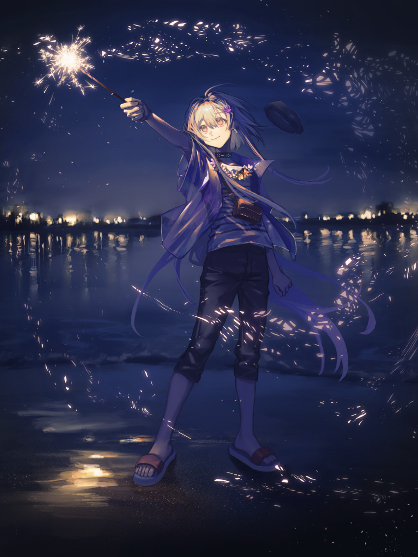 1boy absurdres arknights arm_up beach black_hat black_pants blue_hair changjixitingrimu902 closed_mouth fireworks floating_hair flower_wreath full_body gradient_hair hair_between_eyes hat hat_loss highres holding holding_fireworks infection_monitor_(arknights) jacket jellyfish_hair_ornament long_hair looking_up male_focus mizuki_(arknights) mizuki_(summer_feast)_(arknights) multicolored_hair night night_sky official_alternate_costume open_clothes open_jacket pants pink_eyes pink_hair sandals see-through_clothes see-through_jacket shirt sky smile solo sparkler standing striped_clothes striped_shirt very_long_hair water white_shirt