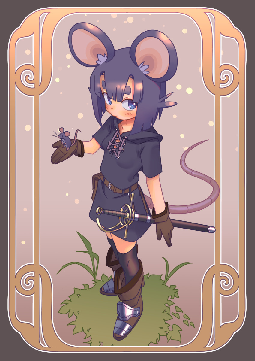1girl absurdres animal_ears black_hair black_thighhighs black_tunic blue_eyes boots brown_boots gloves highres mouse_(animal) mouse_ears mouse_girl mouse_tail okuribi on_grass original sword tail thighhighs tunic weapon
