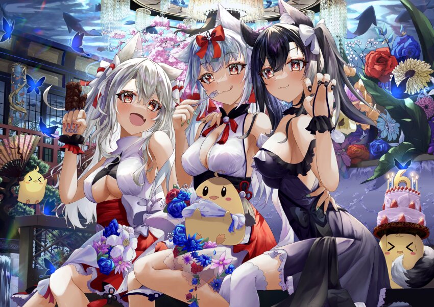 &gt;_&lt; 3girls animal_ear_fluff animal_ears anniversary azur_lane bare_shoulders bird black_dress black_hair black_nails bouquet bug butterfly cake candle chick claw_pose dress fang flower food fork green_nails hair_ribbon hands_up highres holding holding_fork insect licking_lips long_hair looking_at_viewer manjuu_(azur_lane) multiple_girls nail_polish official_alternate_costume red_dress red_eyes red_nails red_ribbon ribbon shigure_(azur_lane) shigure_(the_ballroom&#039;s_lucky_star)_(azur_lane) tail tongue tongue_out werewolf_kg white_dress white_hair white_ribbon yukikaze_(azur_lane) yukikaze_(winter&#039;s_snowy_wind)_(azur_lane) yuudachi_(azur_lane) yuudachi_(carnivore_carnival!)_(azur_lane)