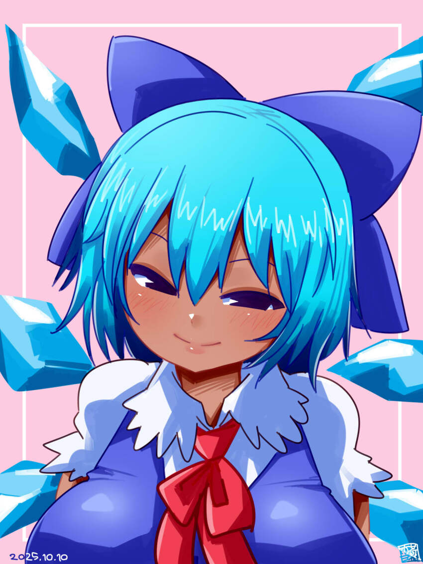 1girl annyui_(cookie) black_eyes blue_bow blue_dress blue_eyes blue_hair blush bow bowtie breasts cirno closed_mouth commentary_request cookie_(touhou) dark-skinned_female dark_skin dated dress hair_bow highres ice ice_wings itini-sanshi large_breasts looking_at_viewer pink_background red_bow red_bowtie short_hair smile solo touhou upper_body wings
