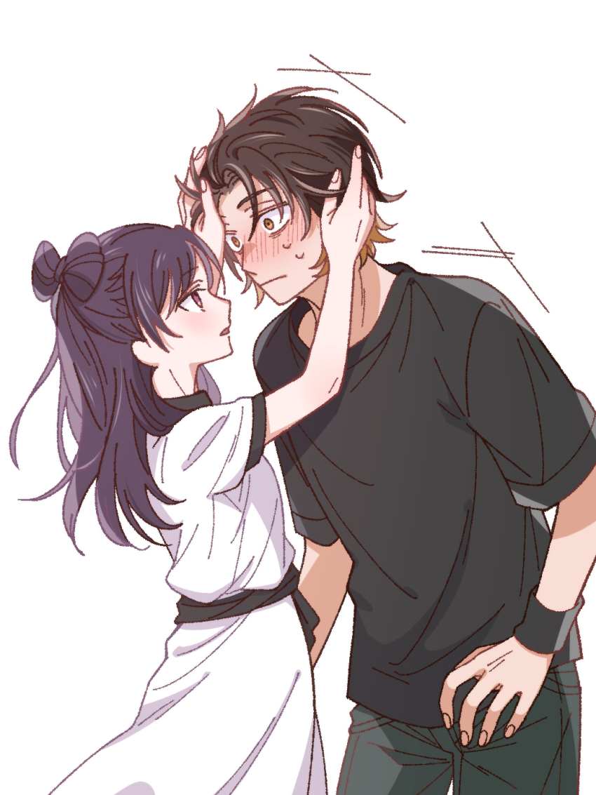 1boy 1girl black_hair black_pants black_shirt blush brown_hair dress eye_contact hand_on_another&#039;s_head hetero highres looking_at_another magami_keigo miyao_nemu pants purple_eyes shirt simple_background standing sweatdrop t-shirt white_background white_dress witch_watch yoshitaka_(palooo)