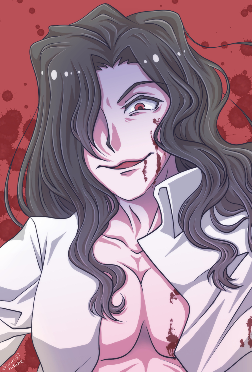 1boy black_hair blood blood_on_clothes blood_on_face collared_shirt evil_grin evil_smile grin highres isurugiratone long_hair looking_at_viewer male_focus melty_blood michael_roa_valdamjong open_clothes open_shirt pectorals red_eyes shirt simple_background smile tsukihime type-moon vampire white_shirt