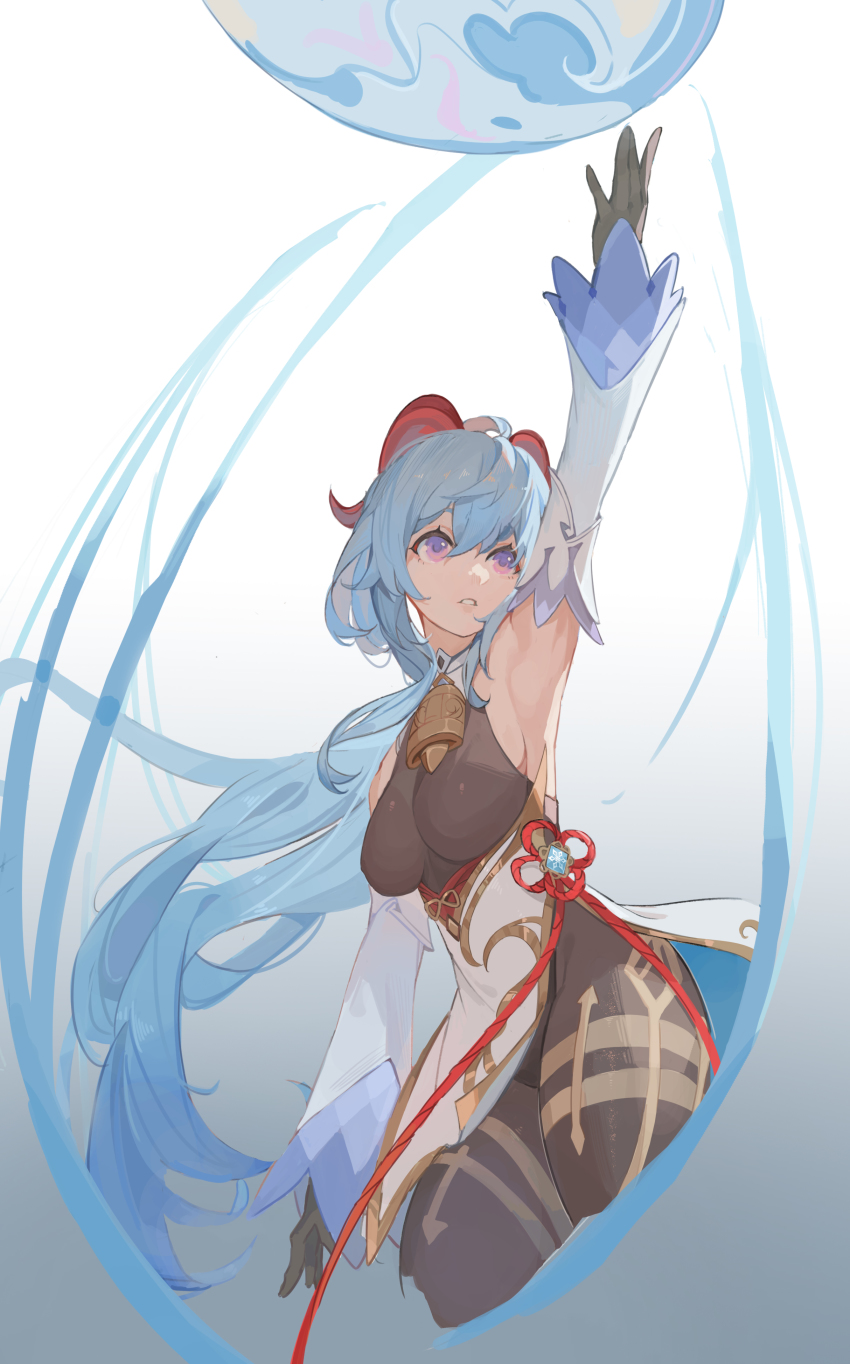 1girl absurdres ahoge arm_up armpits bell black_gloves black_legwear blue_hair bodystocking breasts cropped_legs detached_sleeves flower_knot ganyu_(genshin_impact) genshin_impact gloves gradient_background grey_background highres horns kuweichuanxin_jr large_breasts long_hair long_sleeves neck_bell orb parted_lips purple_eyes red_ribbon ribbon solo very_long_hair vision_(genshin_impact)