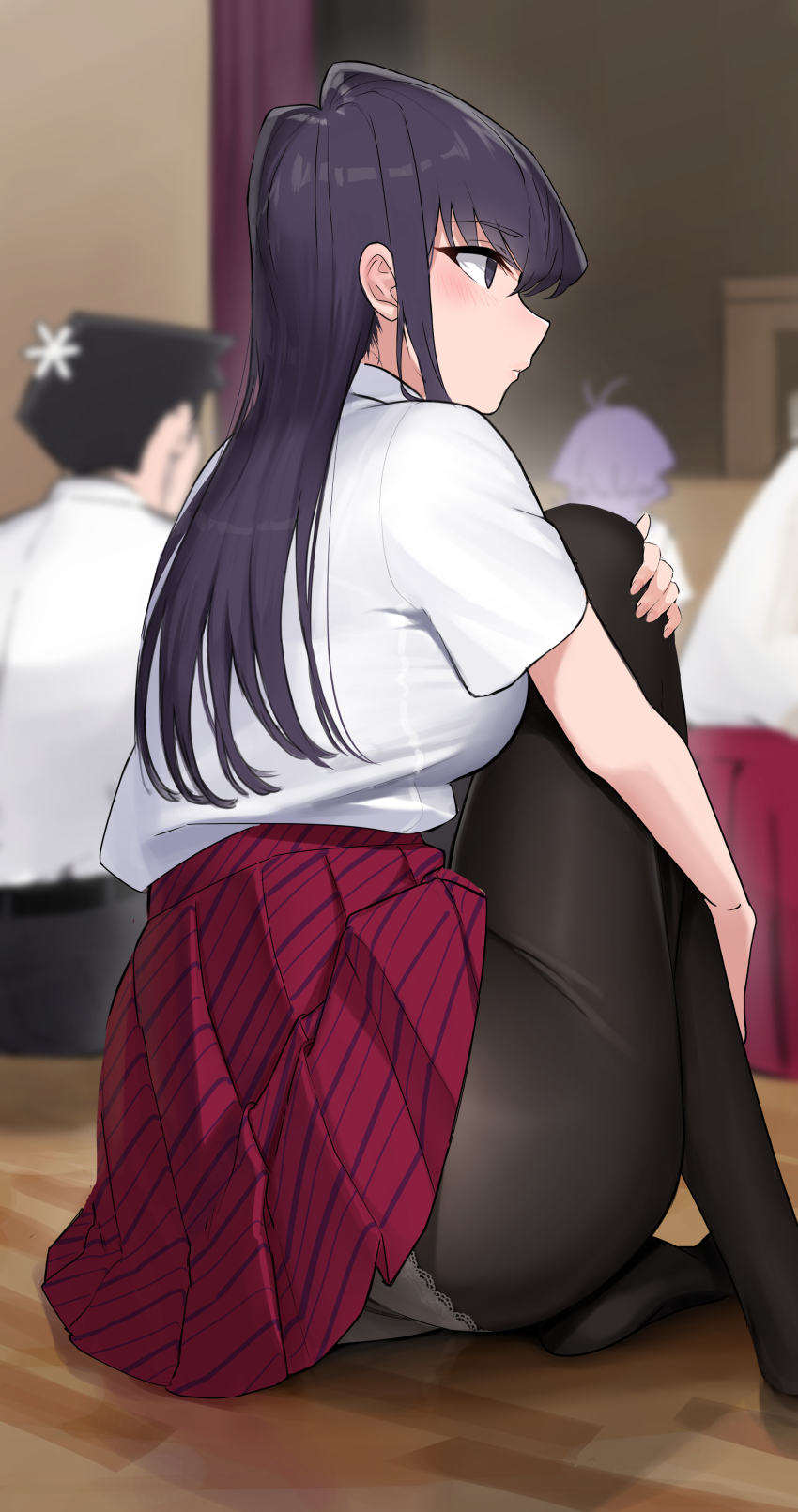 1boy 1other 2girls absurdres ass belt black_belt black_hair blurry blurry_background breasts diagonal-striped_clothes diagonal-striped_skirt dress_shirt flower hair_flower hair_ornament high-waist_skirt highres indoors komi-san_wa_komyushou_desu komi_shouko large_breasts long_hair multiple_girls no_shoes osana_najimi_(komi-san_wa_komyushou_desu) panties panties_under_pantyhose pants pantyhose pleated_skirt purple_hair red_skirt school_uniform shirt shirt_tucked_in short_sleeves sitting skirt striped_clothes tadano_hitohito takita_(takita3411) underwear white_panties white_shirt