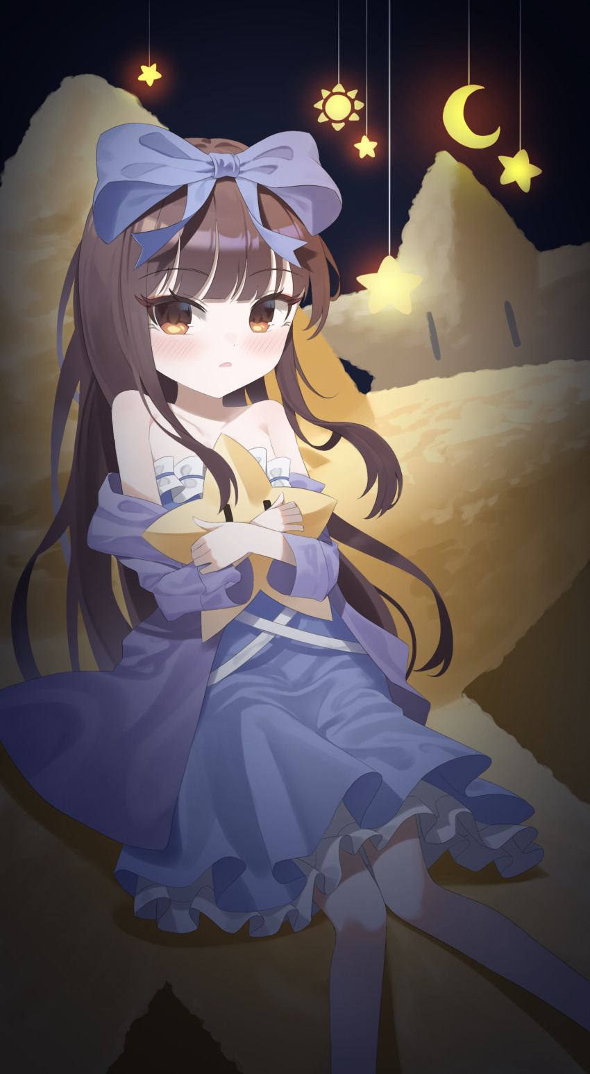 1girl absurdres bare_shoulders blue_bow blue_dress blunt_bangs blush bow brown_eyes brown_hair commentary_request crescent_moon crossed_wrists d: dark_background dress expressionless feet_out_of_frame flat_chest frills hair_bow highres knees_together_feet_apart long_hair looking_at_viewer moon off_shoulder open_mouth parted_lips petticoat sana_(sanapri11) simple_background sitting solo star_(symbol) star_sapphire touhou very_long_hair