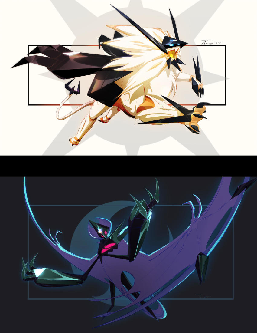absurdres black_background commentary creature english_commentary full_body gen_7_pokemon highres legendary_pokemon necrozma necrozma_(dawn_wings) necrozma_(dusk_mane) nintendo no_humans pokemon pokemon_(creature) tapwing white_background