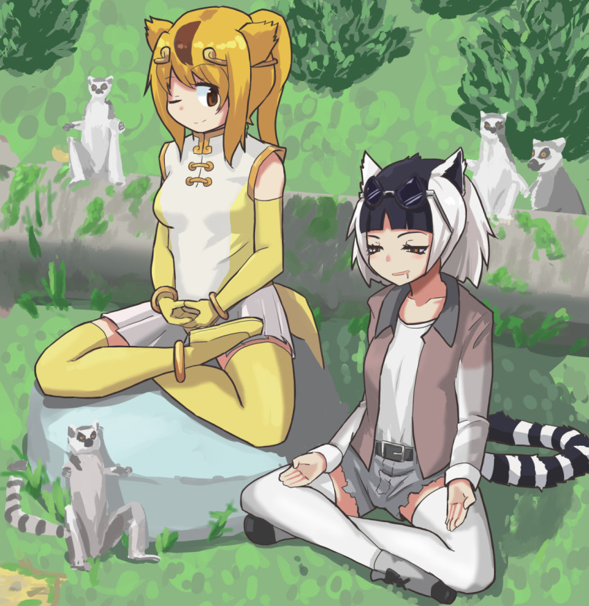 2girls animal_ears anklet bare_shoulders belt black_hair blonde_hair bracelet brown_hair brown_jacket circlet collarbone commentary_request creature_and_personification cutoffs denim denim_shorts drooling elbow_gloves eyewear_on_head gloves golden_snub-nosed_monkey_(kemono_friends) half-closed_eyes hane_(kirschbaum) highres jacket jewelry kemono_friends lemur lemur_ears lemur_girl lemur_tail long_sleeves lotus_position meditation monkey_ears monkey_girl monkey_tail multicolored_hair multicolored_jacket multiple_girls one_eye_closed personification pleated_skirt ponytail ring-tailed_lemur_(kemono_friends) shirt short_hair short_shorts shorts sitting skirt sleeveless tail thighhighs two-tone_hair two-tone_jacket two-tone_shirt white_hair white_jacket white_legwear white_shirt white_skirt yellow_gloves yellow_legwear yellow_shirt zettai_ryouiki