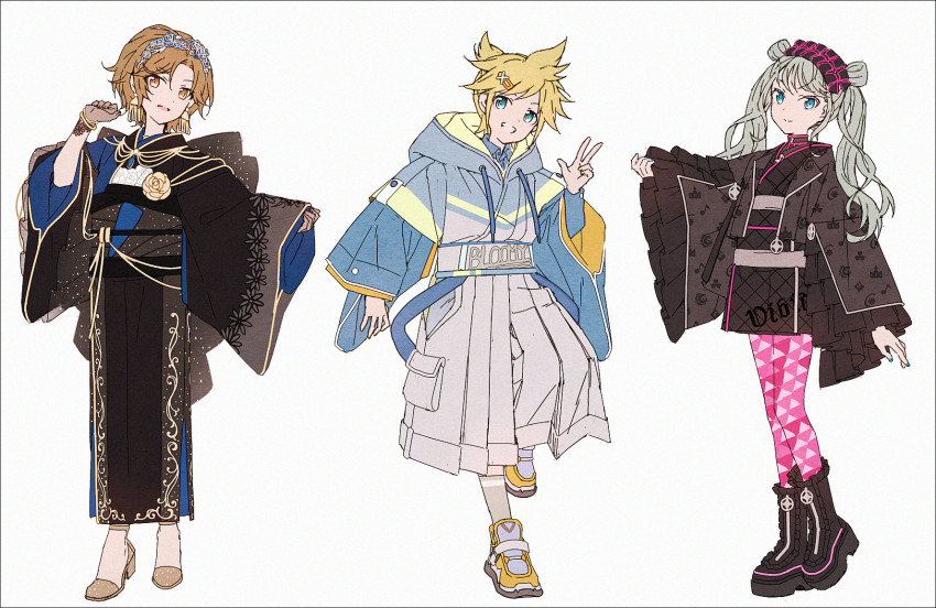 1boy 2girls adapted_costume aozora_ni_negau_your_happiness!_(project_sekai) black_footwear black_kimono blonde_hair blue_eyes blue_jacket blue_nails blue_shirt boots brown_eyes brown_footwear brown_gloves brown_hair brown_kimono closed_mouth collared_shirt drawstring dress_shirt forehead frilled_boots frilled_footwear frills gloves green_hair grey_background grey_hakama grey_socks grin hair_ornament hairclip hakama hakama_skirt hakusai_(tiahszld) hatsune_miku high_heels highres hood hood_down hooded_jacket jacket japanese_clothes kagamine_len kimono legend_still_vivid_(project_sekai) long_sleeves meiko_(vocaloid) multiple_girls nail_polish pantyhose parted_bangs pinching_sleeves pink_pantyhose print_pantyhose project_sekai quilting_formal_(project_sekai) revision shirt shoes short_kimono simple_background skirt sleeves_past_wrists smile socks standing standing_on_one_leg tiara twintails unmoving_pattern vivid_bad_squad_len vivid_bad_squad_meiko vivid_bad_squad_miku vocaloid w wide_sleeves yellow_shoes