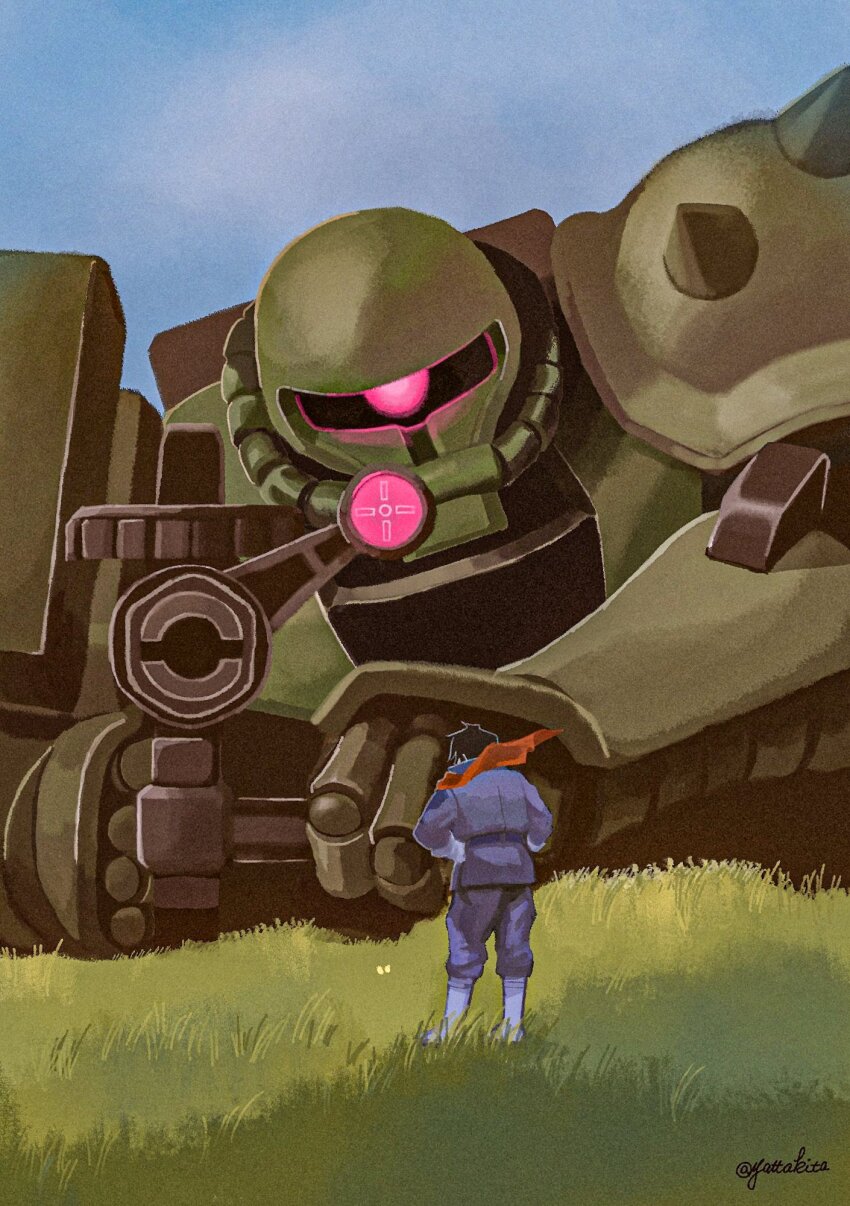 1boy aiming black_hair blue_boots blue_gloves blue_jacket blue_pants blue_sky boots borjarnon commentary_request day gavane_gooney gloves glowing glowing_eye grass gun gundam highres holding holding_gun holding_weapon jacket long_sleeves mecha mecha_focus mobile_suit one-eyed outdoors pants pink_eyes red_scarf robot scarf science_fiction short_hair shoulder_spikes sky spikes standing turn_a_gundam twitter_username weapon yatta_kita zaku_ii