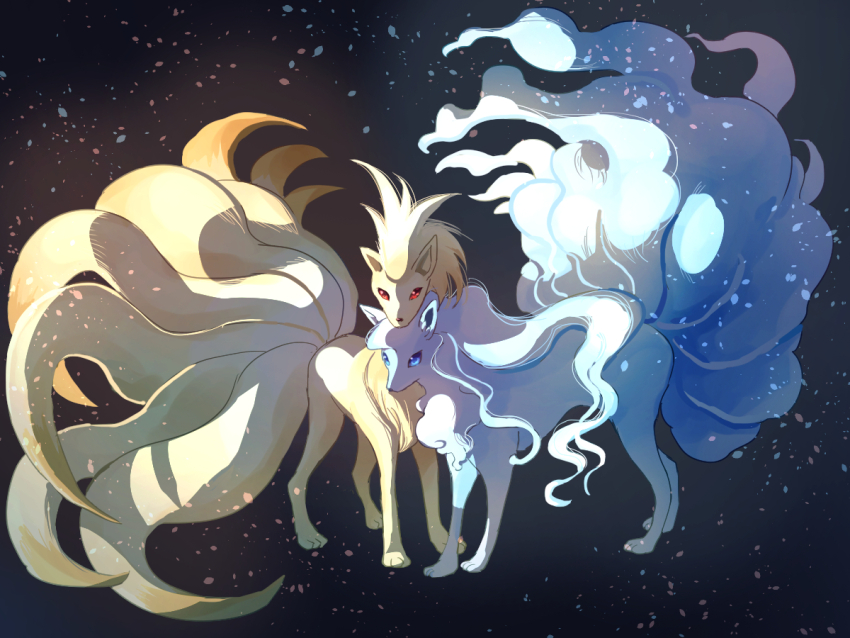 alolan_form alolan_ninetales animal_focus blonde_hair blue_eyes blue_hair commentary_request fusenryo gen_1_pokemon gen_7_pokemon long_hair looking_at_viewer multiple_tails ninetales nintendo no_humans pokemon pokemon_(creature) red_eyes standing tail