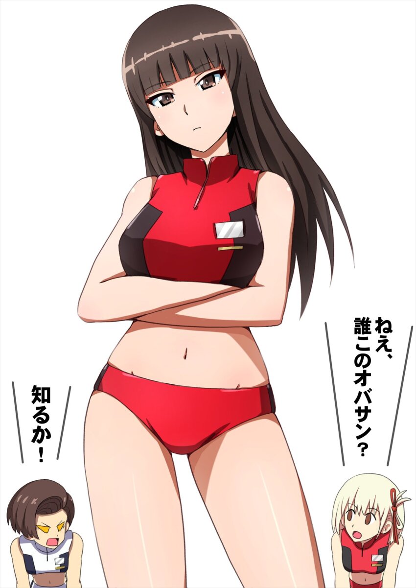 3girls black_eyes black_hair blank_eyes blonde_hair blunt_bangs brown_hair buruma commentary crossed_arms girls_und_panzer hair_ribbon harukawa_fuki highres leaning_forward long_hair looking_at_another looking_at_viewer lycoris_recoil mature_female midriff multiple_girls navel nishikigi_chisato nishizumi_shiho omachi_(slabco) red_buruma red_eyes red_shirt ribbon shirt short_hair simple_background sleeveless sleeveless_shirt standing straight_hair translated v-shaped_eyes white_background white_shirt