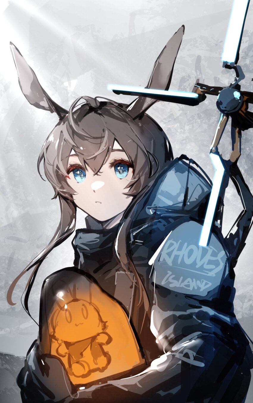1girl amiya_(arknights) animal_ears arknights bb-28 bb-28_(cosplay) black_gloves blue_eyes coat commentary cosplay death_stranding gloves grey_background highres holding jacket jumpsuit looking_at_viewer luan_teng odradek parody parted_lips rabbit_ears rabbit_girl rhodes_island_logo_(arknights) sam_porter_bridges sam_porter_bridges_(cosplay) sidelocks solo stuffed_animal stuffed_rabbit stuffed_toy symbol-only_commentary upper_body