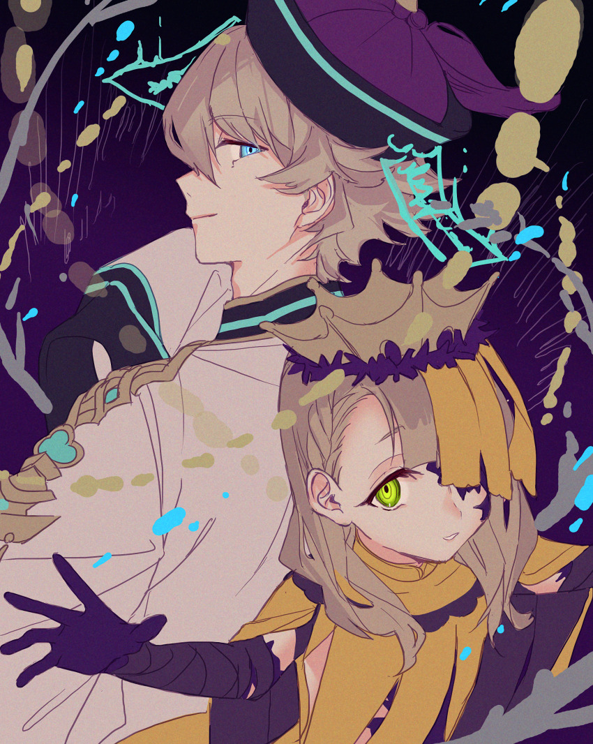 1boy 1girl absurdres aladdin_(sinoalice) back-to-back bandaged_arm bandages blonde_hair blue_eyes body_markings braid briar_rose_(sinoalice) closed_mouth crown glowing glowing_eyes green_eyes half-nightmare hat headdress highres jiangshi kina_(446964) looking_at_viewer one_eye_covered parted_lips purple_background sinoalice smile teeth