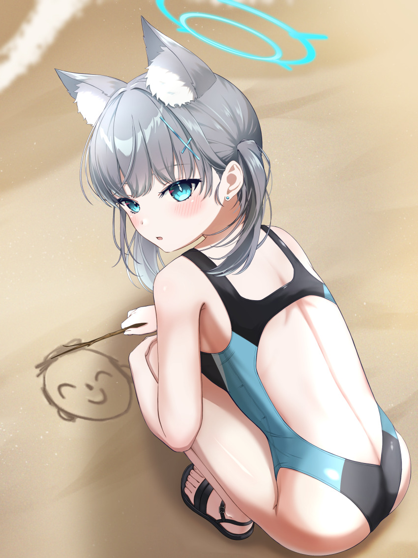 1girl absurdres animal_ear_fluff animal_ears back_cutout bare_back beach black_sandals blue_archive blue_eyes blue_one-piece_swimsuit blush clothing_cutout cross_hair_ornament doodle_sensei_(blue_archive) drawing_on_sand feet from_above from_behind hair_between_eyes hair_ornament hand_on_own_knee highres holding holding_stick long_hair looking_at_viewer official_alternate_costume official_alternate_hairstyle one-piece_swimsuit open_mouth panda_90321 sandals sensei_(blue_archive) shiroko_(blue_archive) shiroko_(swimsuit)_(blue_archive) side_ponytail sidelocks squatting stick swimsuit toenails toes wolf_ears wolf_girl
