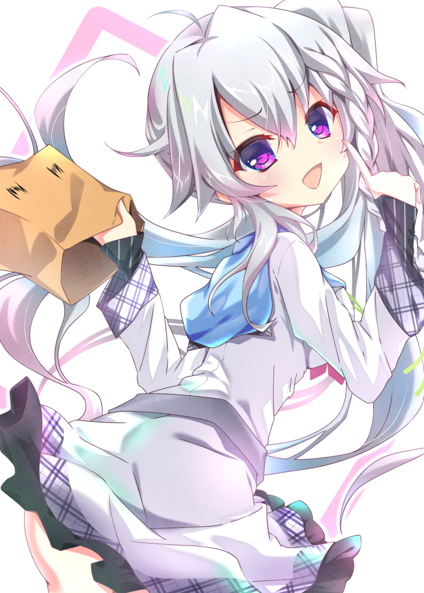 1girl 9-nine- :d absurdres ahoge ass bag belt blush braid clothes_lift commentary_request cowboy_shot dress dress_lift floating_hair frilled_dress frills from_behind green_ribbon grey_belt grey_hair hair_ribbon hands_up head_tilt highres holding holding_bag index_finger_raised long_hair long_sleeves looking_at_viewer looking_back niimi_sora open_mouth outline purple_eyes ribbon school_uniform shopping_bag short_dress side_ponytail sidelocks simple_background single_braid sleeves_past_wrists smile smug solo sukonbu385 v-shaped_eyebrows very_long_hair watermark white_background white_dress white_outline |_|