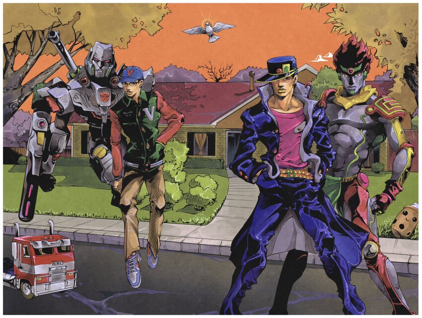 2boys 3others ark_nemesis baseball_cap belt bird black_hair blue_gakuran blue_hat blue_pants brown_pants car collared_jacket commission green_jacket hat highres jacket jojo_no_kimyou_na_bouken kuujou_joutarou megatron_(idw) motor_vehicle multiple_boys multiple_others optimus_prime_(idw) orange_sky pants pelvic_curtain pink_shirt real_life red_car red_sleeves shirt shoulder_pads sky stand_(jojo) star_platinum stardust_crusaders the_transformers_(idw) transformers white_bird