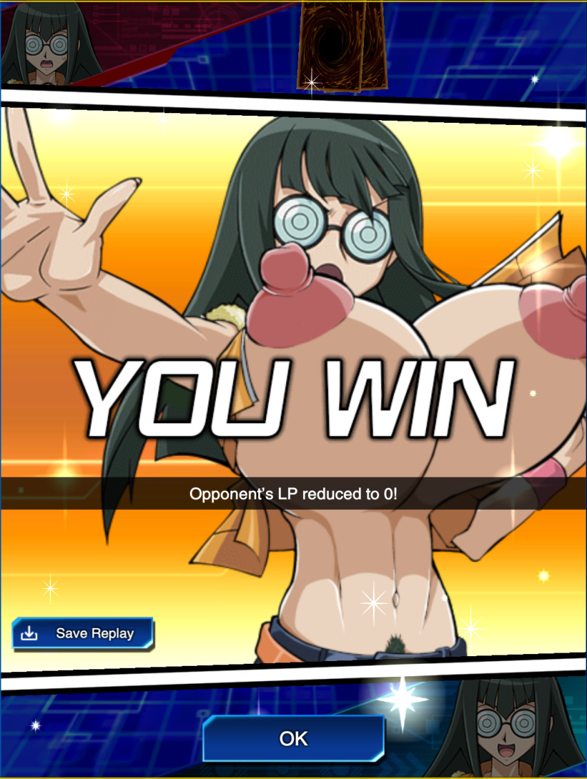 1girl blue_eyes blush breasts card carly_nagisa female_pubic_hair game_mod glasses green_hair hand_on_own_hip highres huge_breasts large_nipples long_hair mod navel nipples nude_mod open_mouth pubic_hair rochestedorm solo third-party_edit yu-gi-oh! yu-gi-oh!_5d&#039;s yu-gi-oh!_duel_links