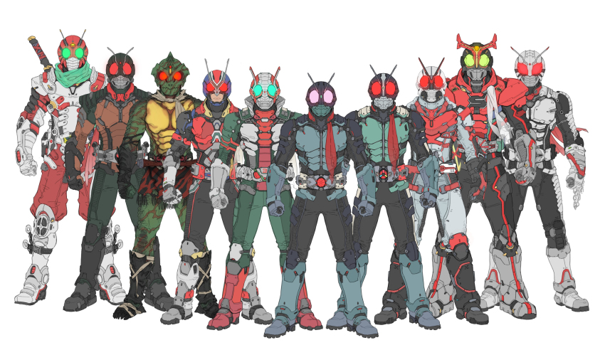 6+boys absurdres alternate_color antennae armlet armor armored_boots bandage_on_leg black_bodysuit black_footwear bodysuit boots breastplate chinese_commentary claws clenched_hands commentary_request dagger full_body gauntlets glowing glowing_eyes green_armor green_eyes green_scarf grey_armor grey_footwear grey_scarf highres horns jewelry kamen_rider kamen_rider_(1st_series) kamen_rider_1 kamen_rider_2 kamen_rider_amazon kamen_rider_amazon_(series) kamen_rider_stronger kamen_rider_stronger_(series) kamen_rider_super-1 kamen_rider_super-1_(series) kamen_rider_v3 kamen_rider_v3_(series) kamen_rider_x kamen_rider_x_(series) kamen_rider_zx knee_pads knife lineup mask monster multiple_boys new_kamen_rider pants red_armor red_eyes red_horns red_mask red_pants red_scarf rider_belt riderman scarf shoulder_armor simple_background skyrider standing sword sword_on_back tokusatsu torn_clothes torn_scarf typhoon_(kamen_rider) v-fin weapon weapon_on_back white_armor white_background white_footwear wrist_chain xiangzi_box yellow_eyes