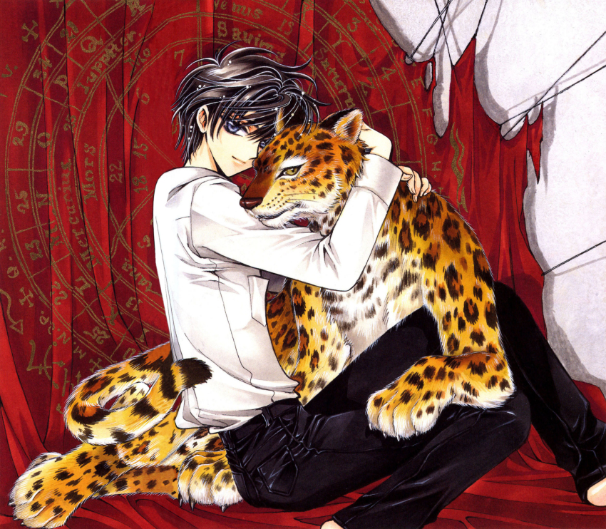 1boy animal animal_hug black_hair blue_eyes clamp highres hug jaguar magic_circle male_focus messy_hair official_art pocket shirou_kamui shirt smile white_shirt x_(manga) zodiac