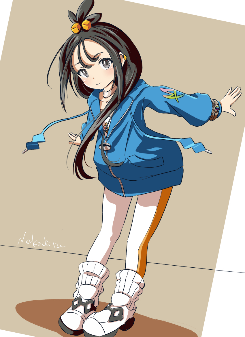 1girl absurdres asuka_(pixiv82529874) black_hair blue_hoodie bracelet closed_mouth commentary cube_hair_ornament earclip grey_eyes hair_ornament highres hood hood_down hoodie jewelry leaning_forward leggings lida_(pokemon) long_hair long_sleeves nintendo pokemon pokemon_legends:_z-a ribbed_socks shoes signature smile socks solo standing topknot white_leggings white_shoes white_socks zipper zipper_pull_tab