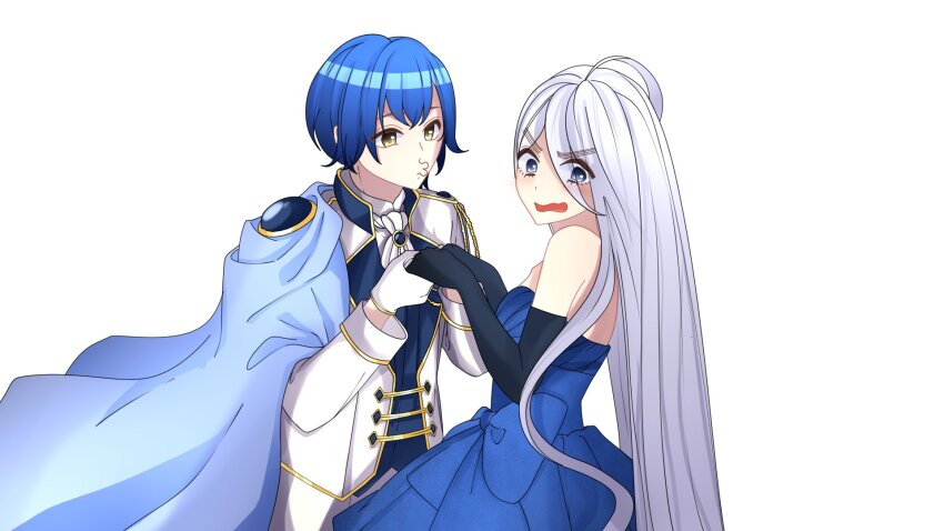 1boy 1girl blue_hair brown_eyes cape date_a_live dress highres itsuka_shidou kakak long_hair princess short_hair tobiichi_origami white_hair