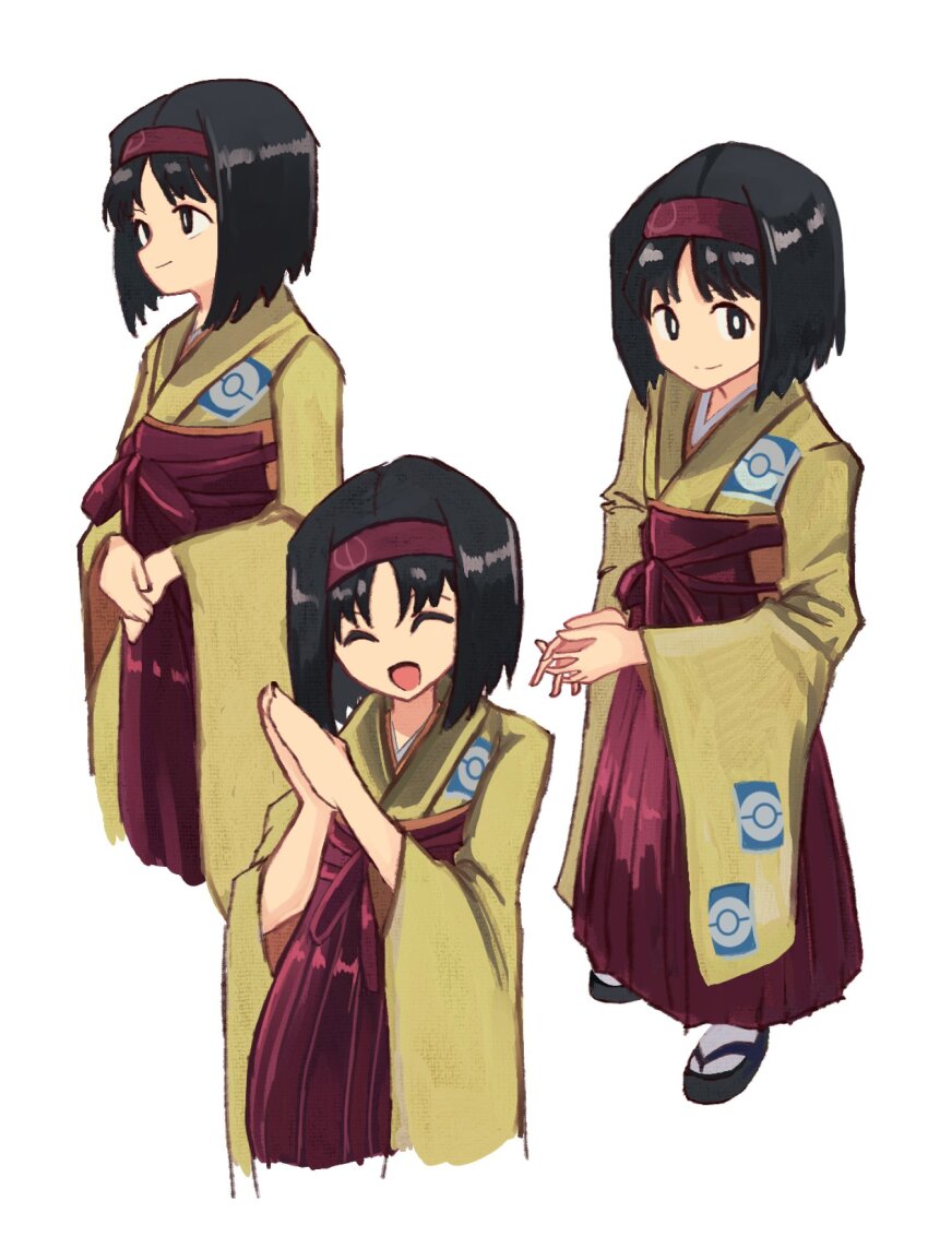 1girl black_eyes black_hair black_sandals closed_eyes closed_mouth creatures_(company) erika_(pokemon) game_freak hairband hakama hakama_skirt highres japanese_clothes kimono long_sleeves looking_at_viewer multiple_views nintendo open_mouth own_hands_together pokemon pokemon_frlg red_hairband red_hakama sandals short_hair skirt tikuwabu_33 wide_sleeves yellow_kimono