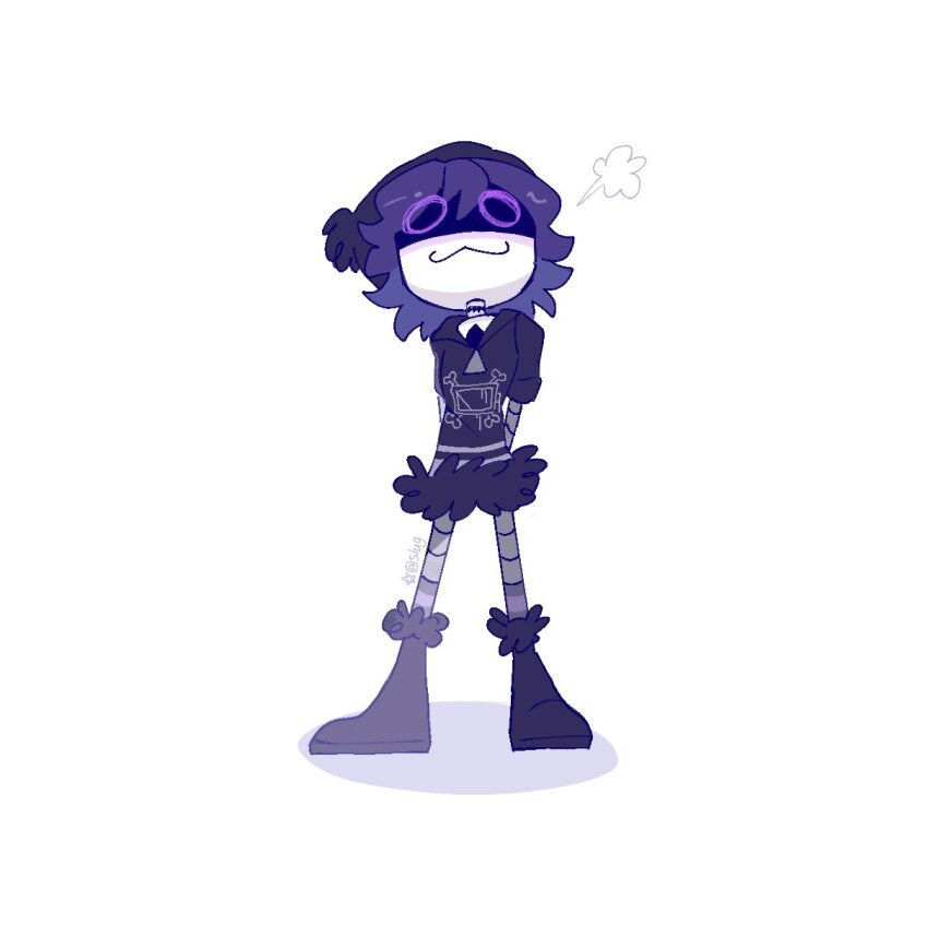 1girl :3 beanie_hat boots choker glitch_productions hat highres murder_drones purple_eyes purple_hair robot striped_legwear uzi_(murder_drones)