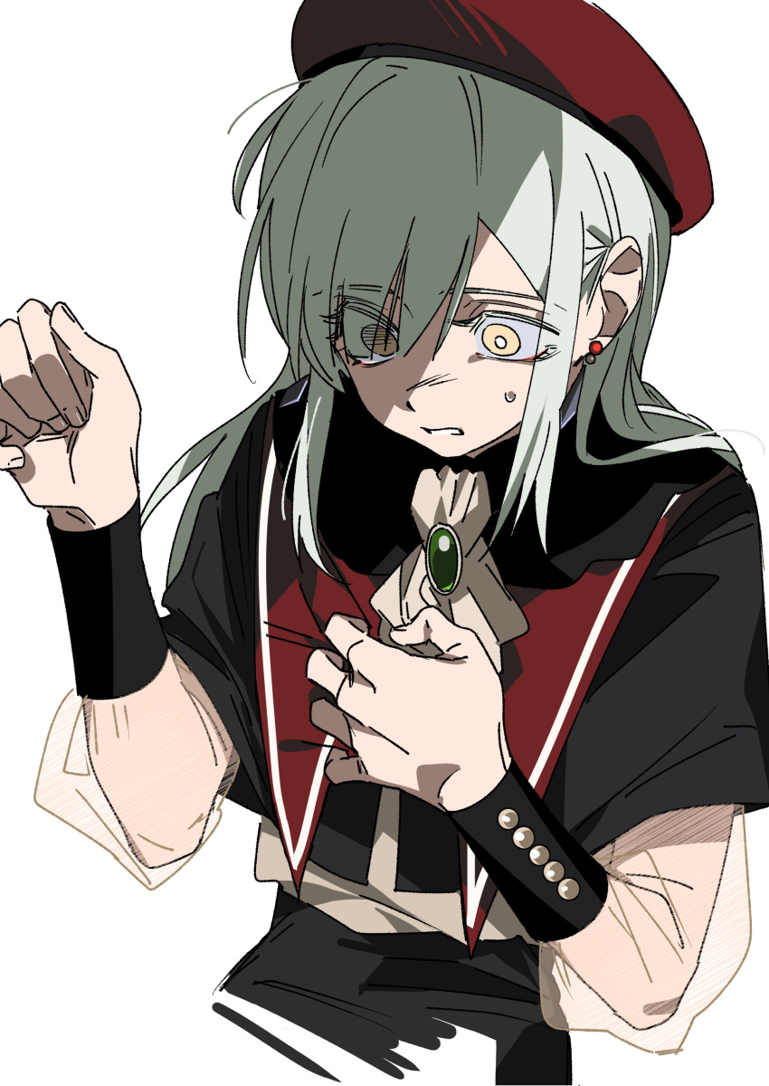 1girl absurdres bang_dream! bang_dream!_it&#039;s_mygo!!!!! black_capelet capelet clutching_chest commentary_request earrings green_brooch green_hair hat highres jewelry long_hair molu_stranger mortis_(bang_dream!) mortis_(costume)_(bang_dream!) parted_lips red_hat see-through_clothes see-through_sleeves simple_background solo sweat upper_body wakaba_mutsumi white_background yellow_eyes