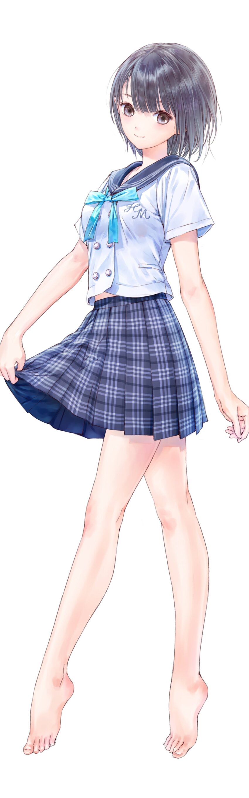 1girl absurdres bare_legs barefoot black_hair blue_reflection_(series) blue_reflection_maboroshi_ni_mau_shoujo_no_ken brown_eyes clothes_lift feet full_body hair_between_eyes highres hoshinomiya_girls&#039;_high_school_uniform kishida_mel legs looking_at_viewer midriff_peek plaid_clothes plaid_skirt pleated_skirt school_uniform serafuku shirai_hinako short_hair skirt skirt_hold skirt_lift smile solo tiptoes toes white_background