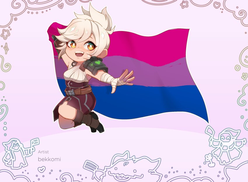 1girl :d arm_up artist_name bekkomi belt bisexual_female bisexual_flag breasts brown_belt brown_shoes flag grey_hair highres holding holding_flag league_of_legends lgbt_pride medium_breasts open_mouth orange_eyes pride_month riven_(league_of_legends) second-party_source shoes single_bare_shoulder single_shoulder_pad smile solo teeth upper_teeth_only