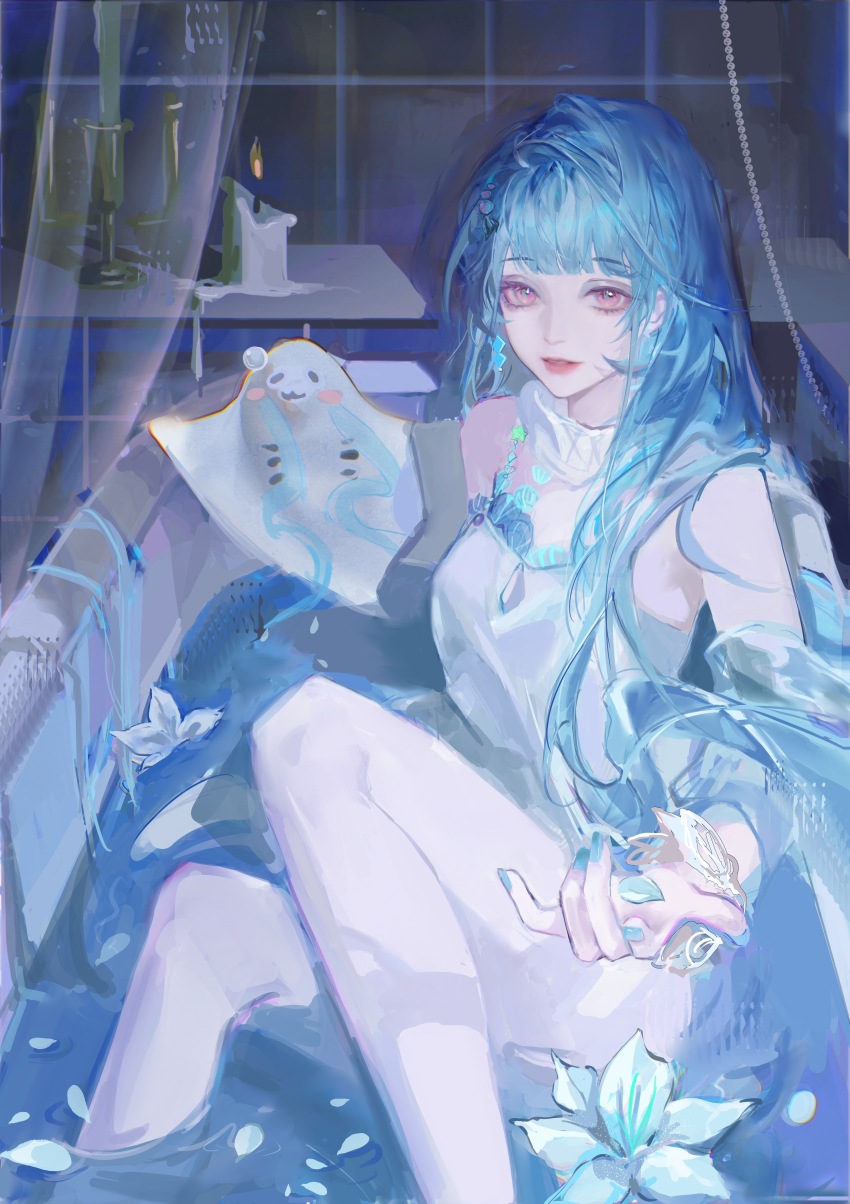 +\l.l./+_(path_to_nowhere) 1girl absurdres bare_arms bathtub blue_hair blue_nails blue_shawl blunt_bangs breasts candle candlestand clothed_bath curtains detached_collar dress earrings flower highres indoors jewelry long_hair nail_polish napuoligua pantyhose parted_lips path_to_nowhere pink_eyes reaching reaching_towards_viewer see-through_curtains shawl sitting small_breasts smile solo stingray strapless strapless_dress white_dress white_flower white_pantyhose