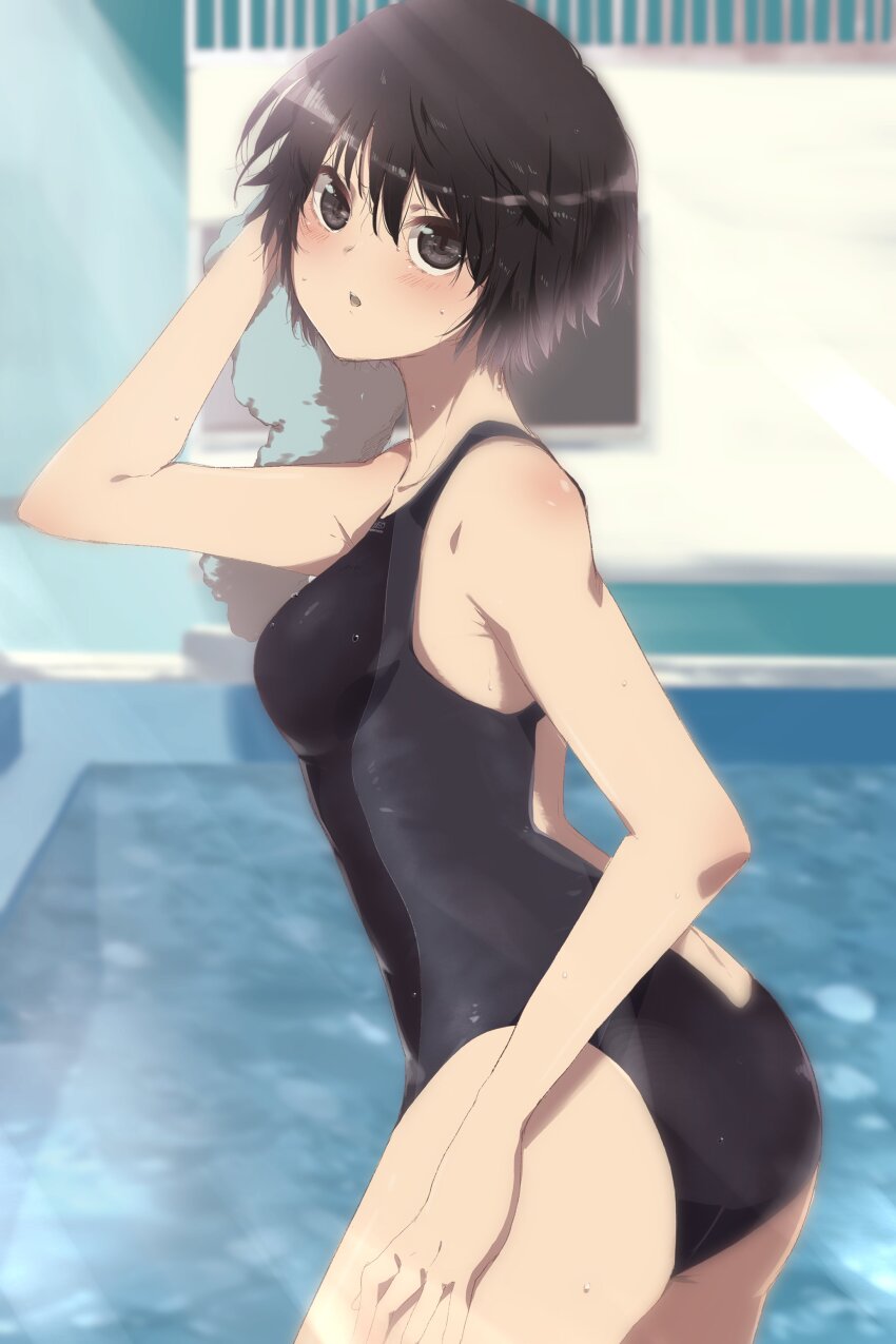 1girl :o absurdres amagami ass black_eyes black_hair black_one-piece_swimsuit blush breasts collarbone competition_swimsuit cowboy_shot drying drying_hair from_side hand_up highres holding holding_towel looking_at_viewer nama_q nanasaki_ai one-piece_swimsuit pool poolside racerback short_hair small_breasts solo swimsuit towel two-tone_swimsuit