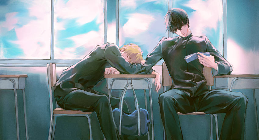 2boys bag black_hair blonde_hair chainsaw_man cloud cloudy_sky collared_shirt denji_(chainsaw_man) desk gakuran highres jiajianjia male_focus manspreading multiple_boys multiple_piercings piercing school_bag school_desk school_uniform shirt short_hair sky spread_legs yoshida_hirofumi