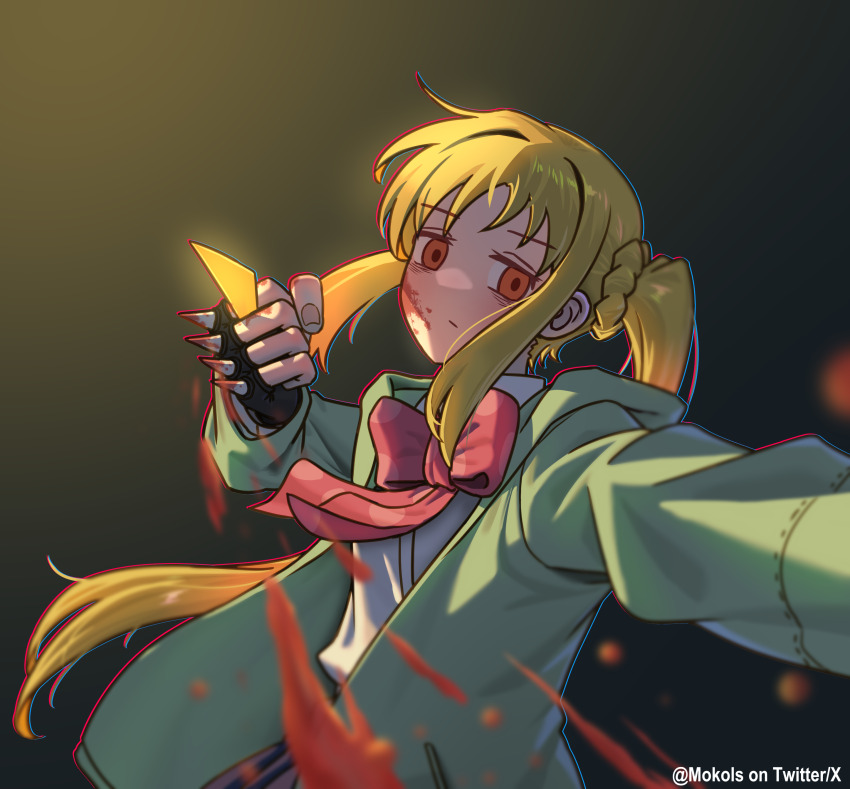 1girl absurdres ahoge ahoge_removed blonde_hair blood blood_on_face blood_on_hands blood_splatter blurry bocchi_the_rock! bow clenched_hand commentary depth_of_field detached_ahoge empty_eyes expressionless floating_hair foreshortening green_hoodie highres hood hoodie ijichi_nijika incoming_attack long_hair looking_at_viewer myvia_mokols red_bow red_eyes side_ponytail sidelocks simple_background solo spiked_knuckles twitter_username very_long_hair