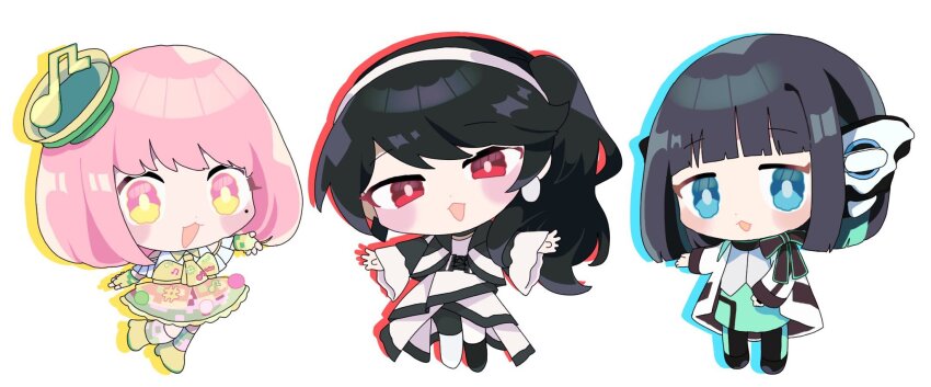 3girls :d :o android asymmetrical_footwear asymmetrical_legwear bare_shoulders belt black_bow black_footwear black_hair blue_eyes bob_cut boots bow breasts chibi commentary_request cowboy_shot creator_connection cropped_legs dress fingerless_gloves gloves green_eyes hair_ornament hand_up hat highres humagear_headphones is_(kamen_rider_01) jacket kamen_rider kamen_rider_01_(series) kamen_rider_ex-aid_(series) kamen_rider_geats_(series) large_breasts logo looking_at_viewer medium_breasts mismatched_footwear mismatched_legwear multicolored_hair multiple_girls musical_note nail_polish necktie open_mouth pantyhose pink_hair ponytail poppi_pipopapo red_eyes robot_ears short_hair simple_background skirt smile socks streaked_hair tanikomotimoti tsumuri_(kamen_rider_geats) twitter_username white_background white_dress white_footwear white_hair white_jacket white_nails