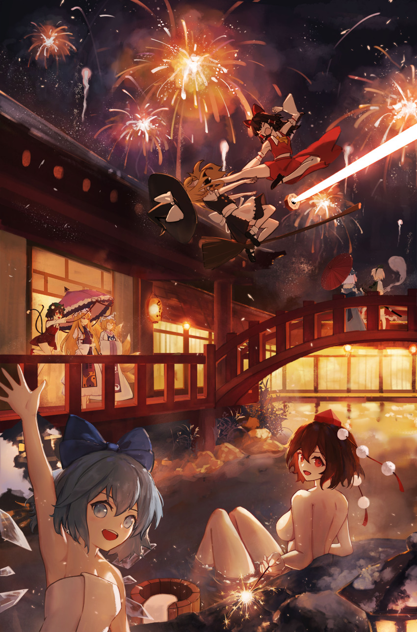 6+girls :d absurdres aerial_fireworks animal_ear_fluff animal_ears apron architecture ascot black_hair black_hairband black_hat black_shoes black_skirt black_vest blonde_hair blue_bow blue_hair blue_kimono blue_tabard bow breasts bridge broom bucket cat_ears cat_tail chen cirno closed_eyes closed_mouth commentary detached_sleeves dress east_asian_architecture english_commentary fireworks flying_kick fox_tail green_hat grey_hair gu0st hair_bow hair_tubes hairband hakurei_reimu hands_in_opposite_sleeves hat hat_bow hat_ribbon highres holding holding_umbrella ice ice_wings japanese_clothes kicking kimono kirisame_marisa konpaku_youmu konpaku_youmu_(ghost) large_breasts long_sleeves looking_at_viewer master_spark mini-hakkero mob_cap multiple_girls multiple_tails naked_towel night night_sky nude open_mouth pink_hair pom_pom_(clothes) purple_tabard red_bow red_dress red_hat red_ribbon red_shirt red_skirt ribbon saigyouji_yuyuko same-sex_bathing shameimaru_aya shared_bathing shirt shoes short_hair short_sleeves skirt sky sleeveless sleeveless_shirt smile tabard tail tokin_hat touhou towel two_tails umbrella veil vest waist_apron waving white_apron white_bow white_dress white_hat white_shirt white_sleeves white_veil wide_sleeves wings witch_hat yakumo_ran yakumo_yukari yellow_ascot
