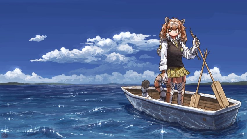 1girl animal_ears animal_print black_hair boat brown_vest collared_shirt commentary_request garter_straps imnim_leef japari_symbol kemono_friends long_hair long_sleeves looking_at_viewer multicolored_hair necktie oar ocean orange_hair plaid_clothes plaid_necktie plaid_neckwear plaid_skirt pleated_skirt print_thighhighs rowboat shirt siberian_tiger_(kemono_friends) skirt solo standing tail thighhighs tiger_ears tiger_girl tiger_print tiger_tail twintails vest water watercraft white_hair white_shirt yellow_eyes yellow_necktie yellow_skirt zettai_ryouiki